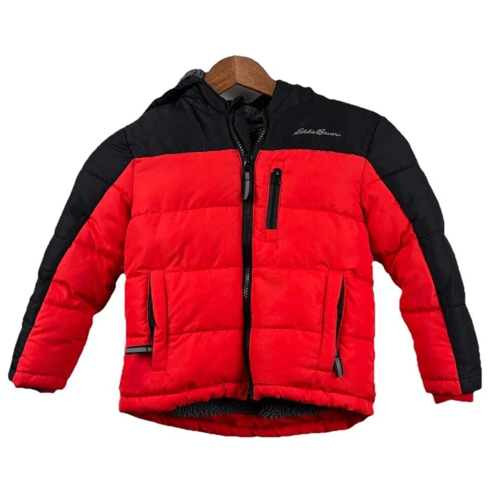 Eddie Bauer Puffer Coat Jacket Kids 3T Red Black Hooded Sherpa Lined